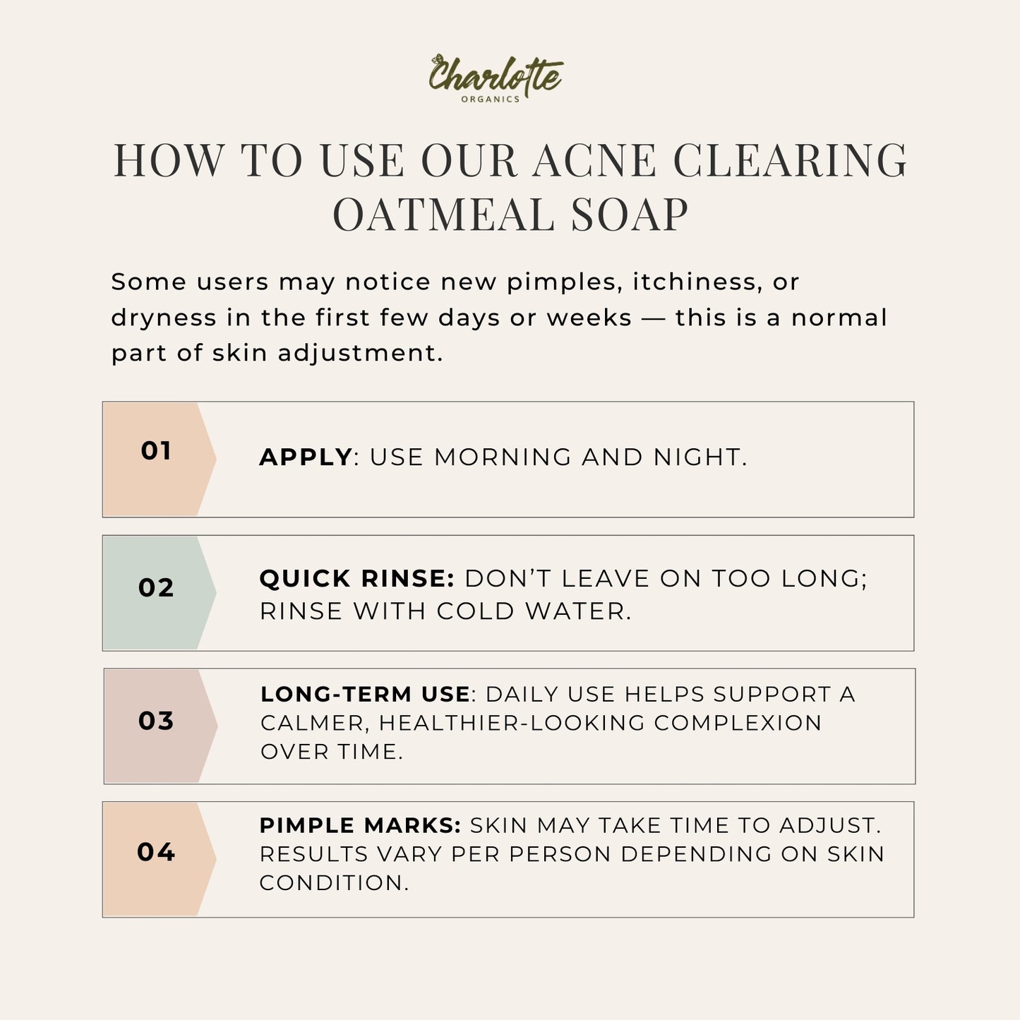 Instructions on how to use Charlotte Organics acne clearing oatmeal soap with a white backgr