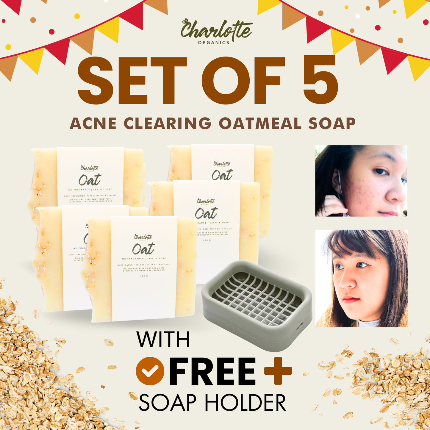 (Set of 5) Charlotte Organics Acne Clear Oats Solution Soap